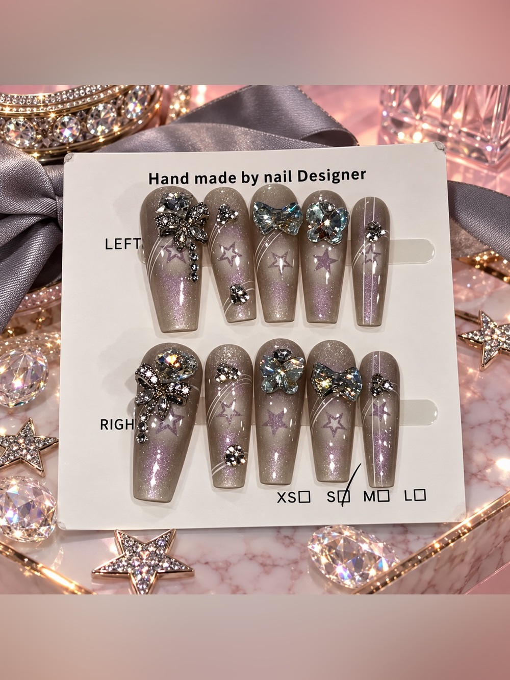 ✨ Handmade Press-On Nails – Charcoal Gray & Black Bow Star Design – Size S ✨